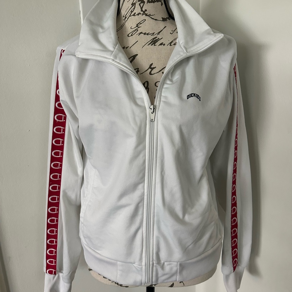 Dickies Women's White Bomber Jacket with Red Accents old used in like new con